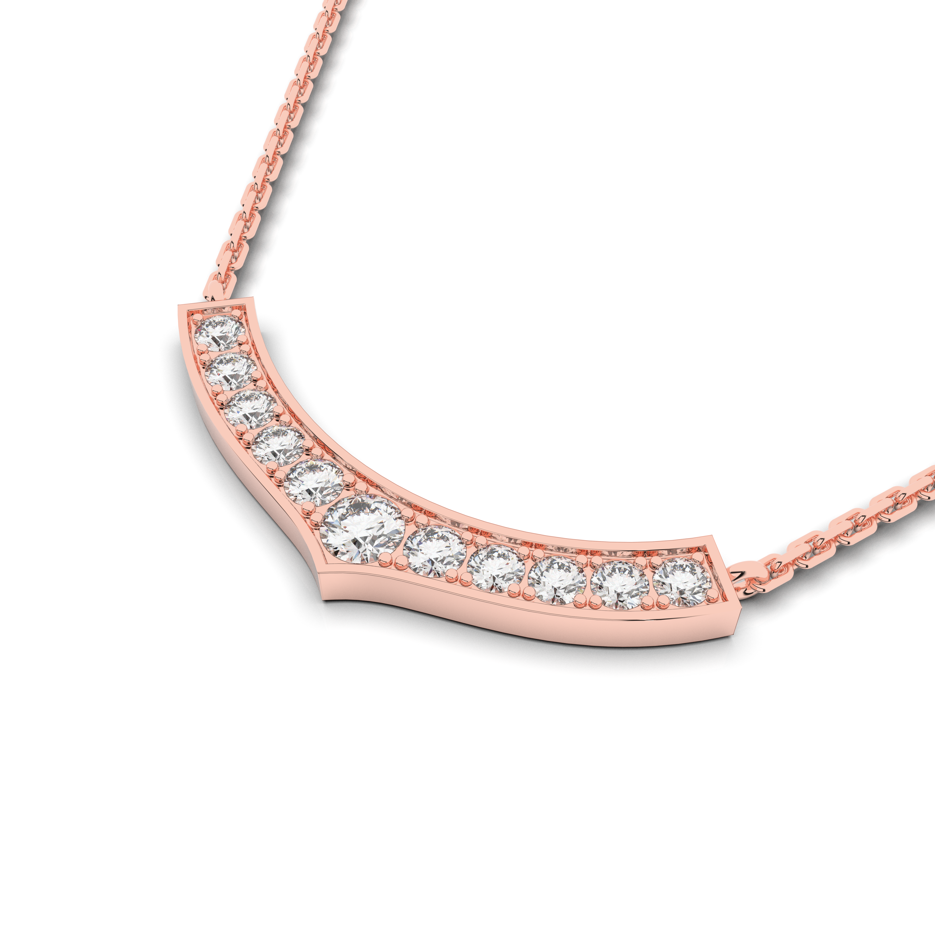 Rose gold necklace with diamonds on a white background