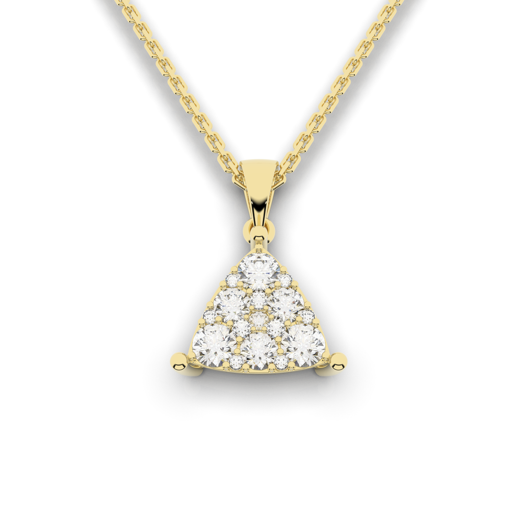 Gold necklace with a triangular diamond pendant on a white background