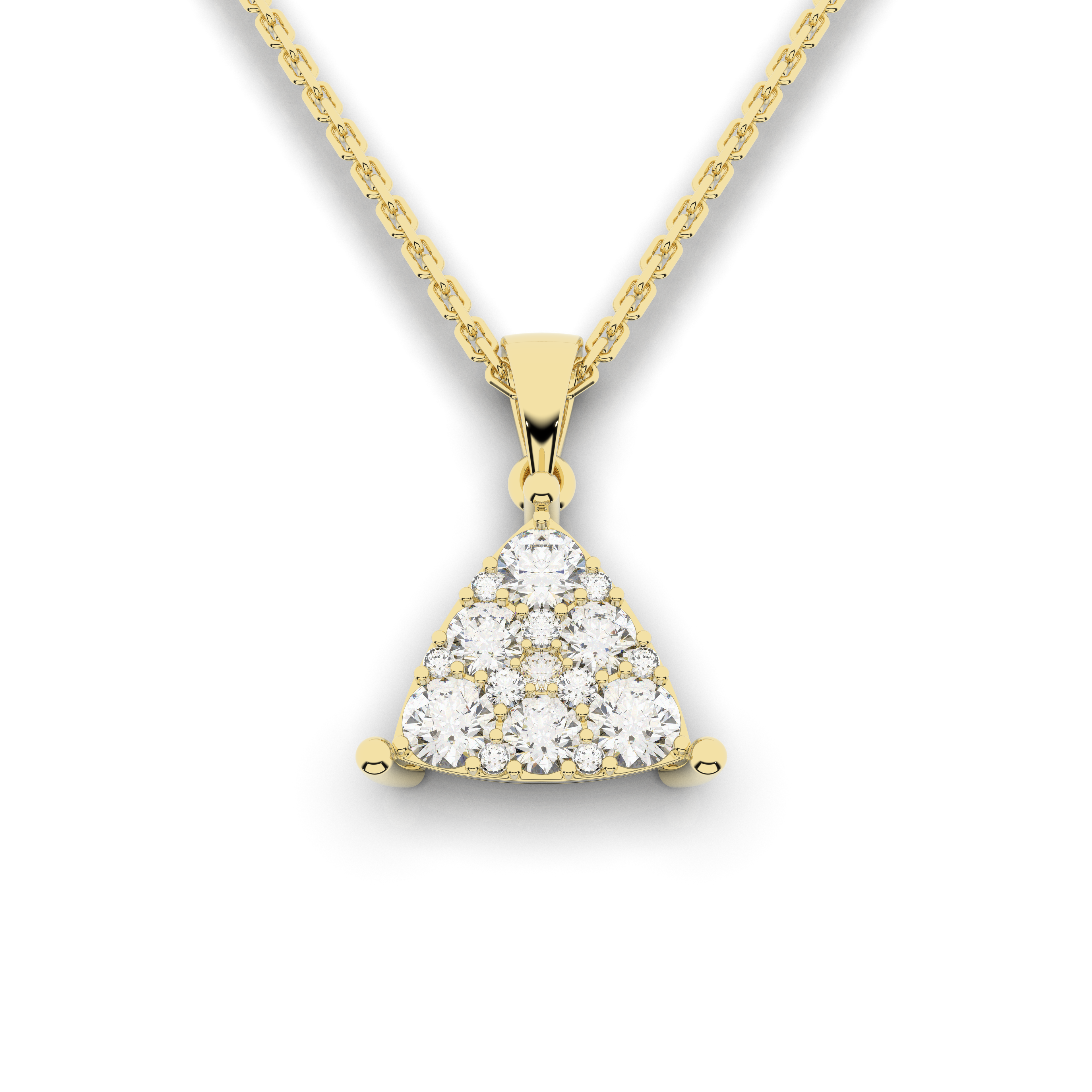 Gold necklace with a triangular diamond pendant on a white background