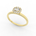 Gold ring with a diamond halo on a white background